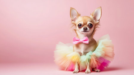 Chihuahua dressed in colorful tutu and bow tie against a pastel pink backgroundの素材