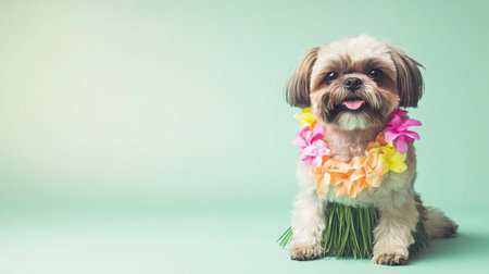 Small dog in a floral lei and grass skirt enjoying a tropical vibe indoorsの素材