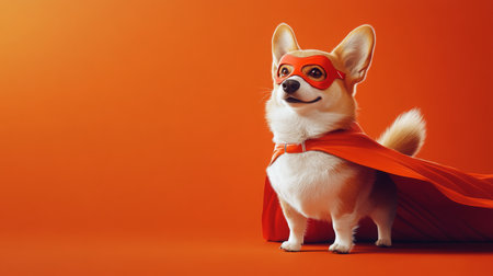 A heroic corgi wearing a cape and mask stands confidently against an orange backgroundの素材