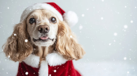 A dog wearing a Santa hat looks up at the falling snowの素材