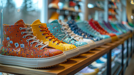 Colorful shoes neatly lined up on a wooden shelf. Shopping conceptの素材