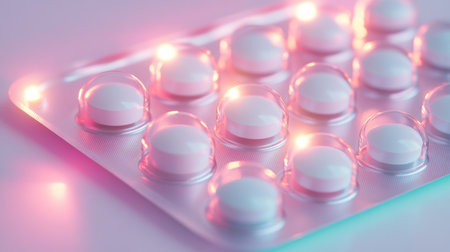 A close-up of a blister pack of pills under pink lightingの素材