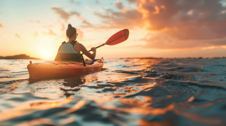 Person Kayaking on Water at Sunsetの素材