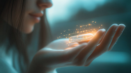 Woman holding a glowing capsule with sparkling effects in a soft-lit indoor settingの素材