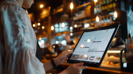 Woman Looking at Menu on Tabletの素材