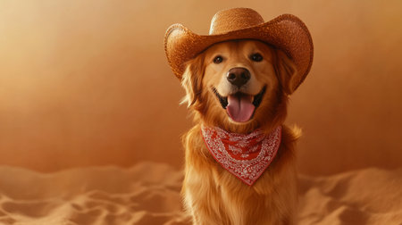 A cheerful golden retriever wearing cowboy hat and bandana poses against a warm backgroundの素材