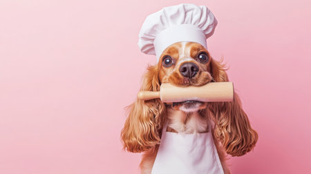 Dog wearing a chef hat and apron with a rolling pin in its mouth against a pink backdropの素材