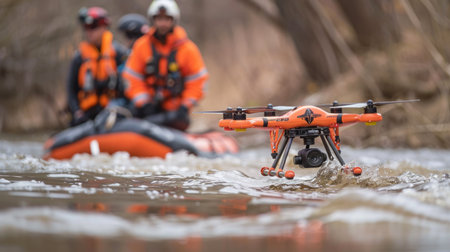 Two Men in Orange Vests in Waterの素材