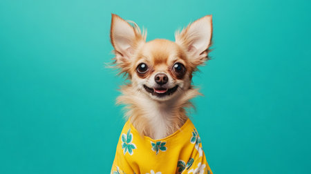 Cute chihuahua wearing floral shirt poses against a vibrant turquoise backdropの素材