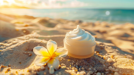 Whipped Cream on Sandy Beach With Flowerの素材