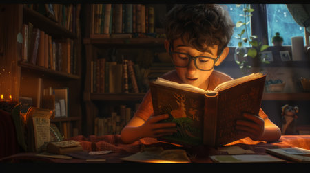 Young Boy Reading Book in Libraryの素材