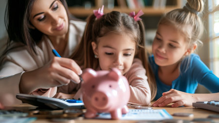 Woman and Two Girls Putting Coins Into Piggy Bankの素材