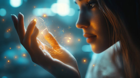 A woman holds her hand out, watching small lights dance in the airの素材