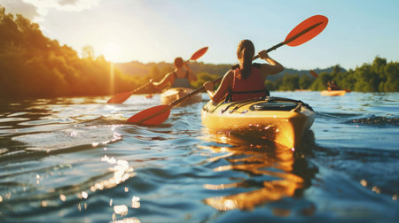 Two People Kayaking on the Waterの素材