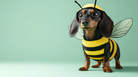 Adorable dachshund dressed as a bee on a colorful backgroundの素材