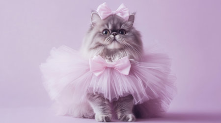 A fluffy cat wearing a pink tutu and bow poses against a soft purple backdropの素材