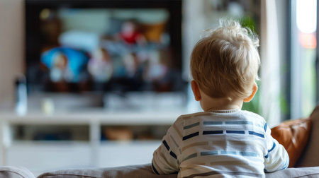 Little Boy Watching TV on Couchの素材