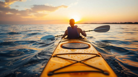 Person Kayaking on Water at Sunsetの素材