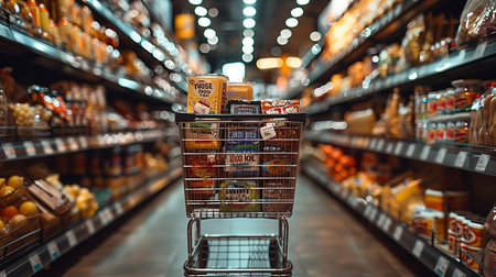 A shopping cart in a grocery store overflowing with various food items.の素材