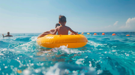 Young Boy Riding on Inflatable Raft in Oceanの素材