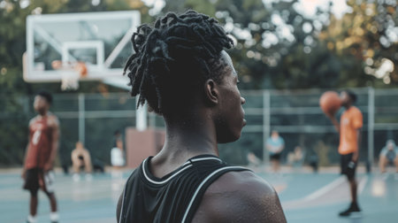 Man With Dreadlocks Standing in Front of Basketball Courtの素材
