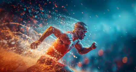 Intense Sprinter Bursting Through Water at Twilightの素材