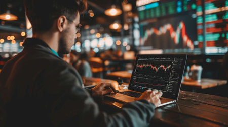 Trader Analyzing Financial Charts on Laptop at Nightの素材
