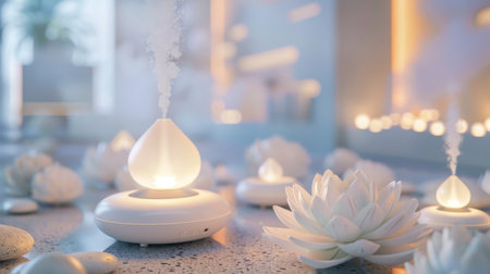 Soothing Spa Ambiance With Aromatherapy Diffusers and Candles in a Tranquil Setting at Duskの素材