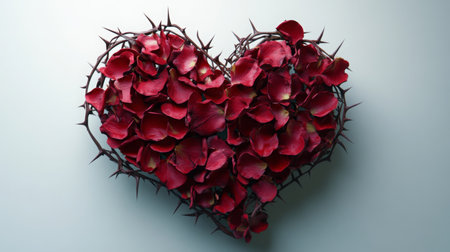 A heart made of red rose petals is surrounded by thornsの素材