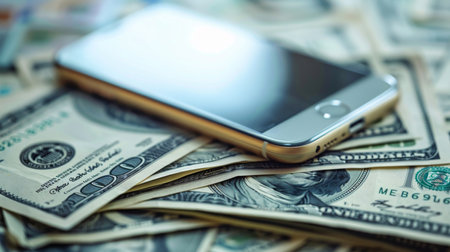 Smartphone on a Pile of US Dollar Billsの素材
