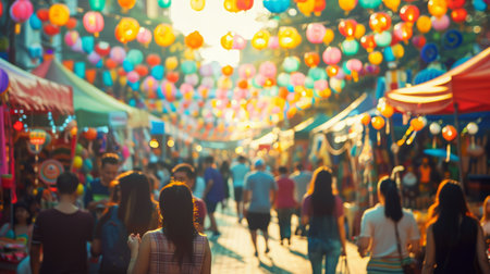 Crowd Walking Next to Tents on Streetの素材