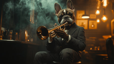 A French bulldog plays trumpet in a dimly lit jazz bar during the eveningの素材