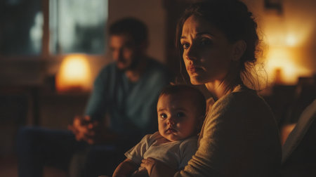 A mother gazes thoughtfully while holding her baby in cozy living room during the eveningの素材