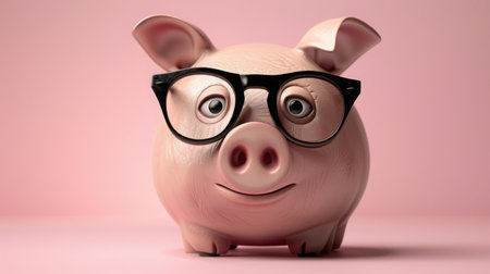 Piggy Bank With Glasses on Pink Backgroundの素材