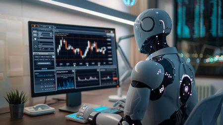 Robot Working at Computer Monitorの素材