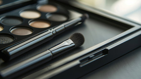 Makeup Brush and Eye Shadow Palette on Dressing Tableの素材
