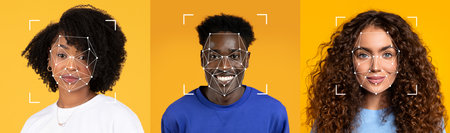 Three individuals on a yellow background with a facial recognition overlay
