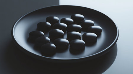 Simple black stones arranged on dark plate creating minimalist aesthetic in natural lightの素材