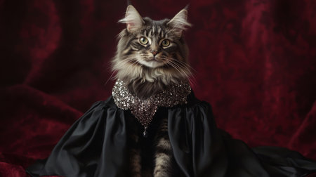 A majestic cat wearing a sparkling gown sits gracefully against a deep red backdropの素材