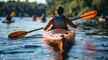 Woman Paddling Kayak in Waterの素材