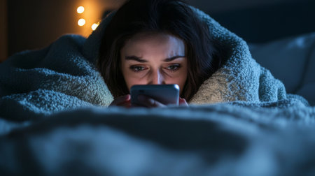 Young woman using smartphone in bed while wrapped in a cozy blanket at nightの素材