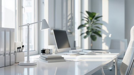 Modern Minimalist Home Office With Sunlight, Plant, Desk Lamp on a Bright Morningの素材
