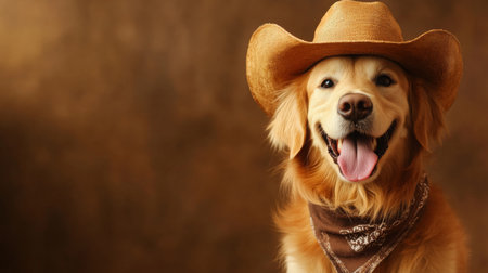 Happy golden retriever wearing a cowboy hat and bandana posing against a brown backdropの素材