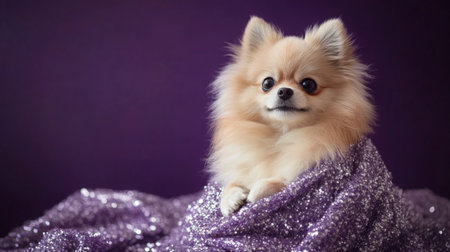 Adorable fluffy dog wrapped in a sparkling purple blanket against a rich backdropの素材