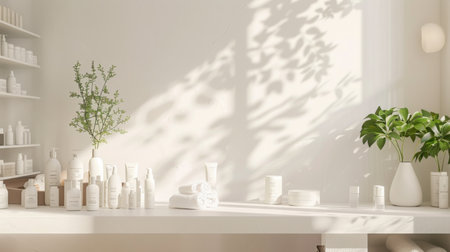 Modern Sunlit Skincare Store Interior With Cream Products and Greenery, Morningの素材