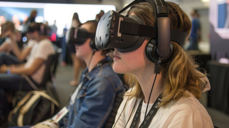 Group of People Sitting in Room With Virtual Headsetsの素材
