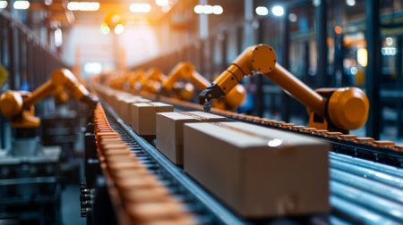 Robotic Arms Moving Boxes on Conveyor Beltの素材