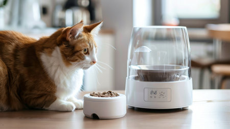 Ginger Cat Examining Automatic Pet Feeder Indoorsの素材
