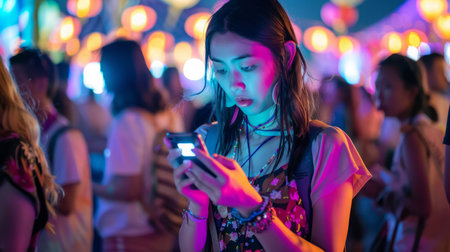 Girl Looking at Phone in Crowded Areaの素材