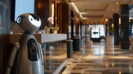 Friendly Robot Greeter Inside Modern Hotel Lobbyの素材